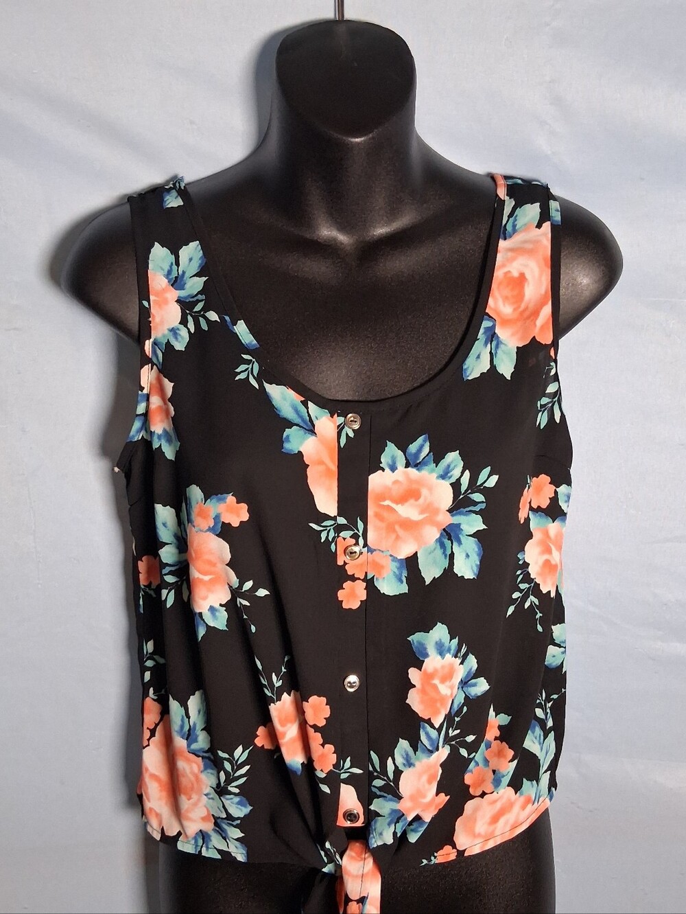Floral Tie-Front Tank Top - Black with Coral & Teal Flowers